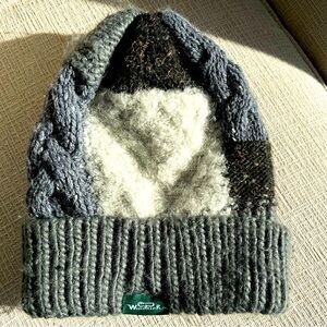 Woolrich Textured Color Block Beanie in Light and Dark Grays and Black